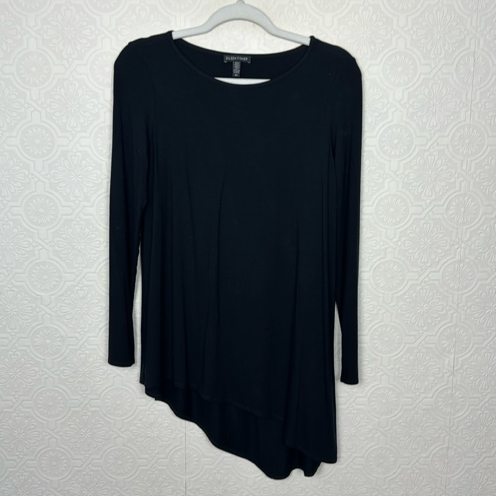 Eileen Fisher Asymmetrical Hem Black Long Sleeve Tshirt Scoop Neck Crew Small